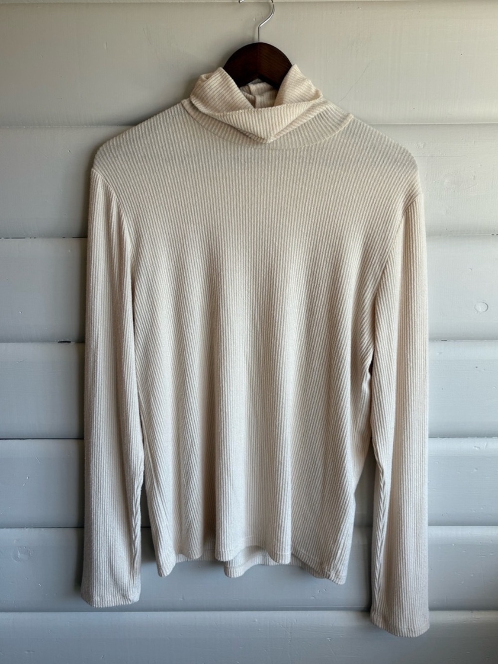 Oak + Fort Cream Ribbed Mock Neck Knit Top Soft Stretch Minimalist Large